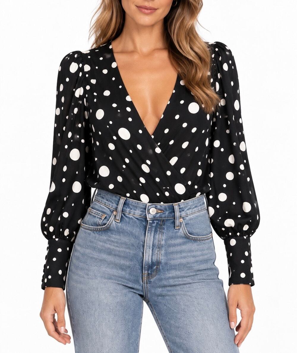 Lovers + Friends Enzo Black White Polka Dot Wrap Bodysuit Puff Sleeve S